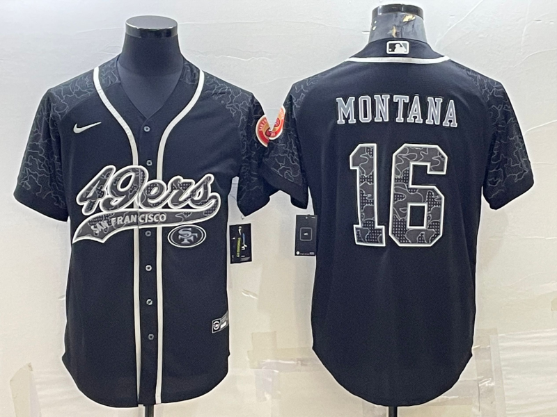 Men's San Francisco 49ers #16 Joe Montana Black Reflective With Patch Cool Base Stitched Baseball Jersey Men's San Francisco 49ers #16 Joe Montana Black Reflective With Patch Cool Base Stitched Baseball Jersey